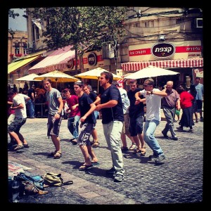 Bnei Akiva youth group dancing to raise money for a day camp they run!  (Near Zion Square)